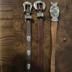 Vintage Set of Three Western Style Leather Belts with Silver Buckles
